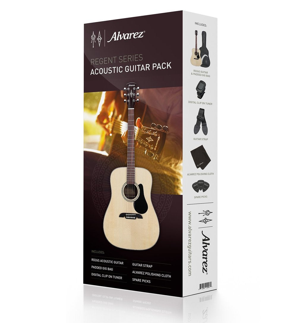 Alvarez RD26S-AGP, Dreadnaught Guitar Starter Kit ( Includes gig bag, tuner, strap, cloth, picks) - Natural Satin - Regent Series