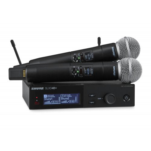 Shure SLXD24D+ Dual-Channel Digital Wireless Handheld system with Beta 58A Supercardioid Dynamic Microphone capsules.